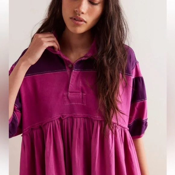 NWT Free People Remi Rugby Mini Dress in Wineberry Size XS OVERSIZED